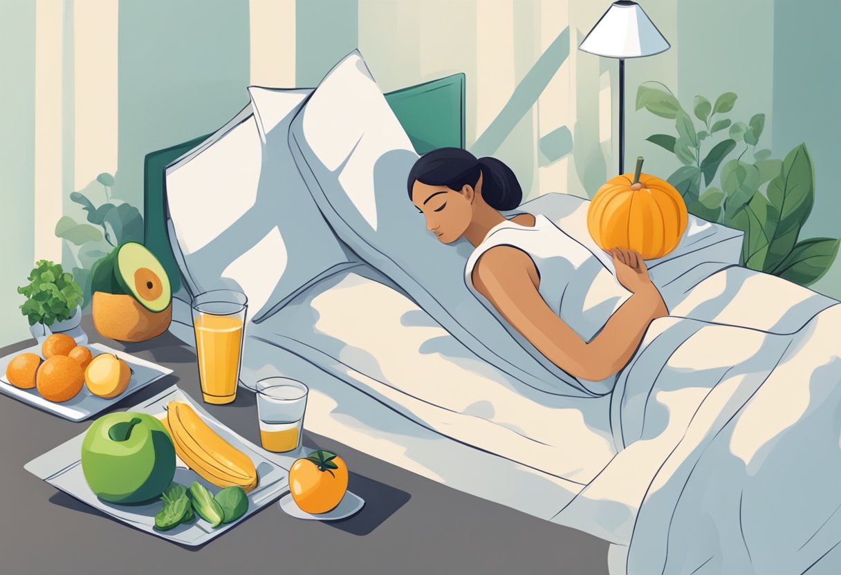 A person resting in bed with healthy food and exercise equipment nearby