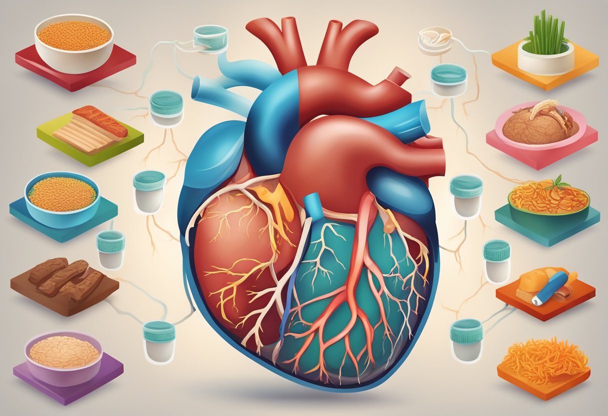 A heart with clogged arteries, surrounded by unhealthy lifestyle factors like smoking, poor diet, and lack of exercise
