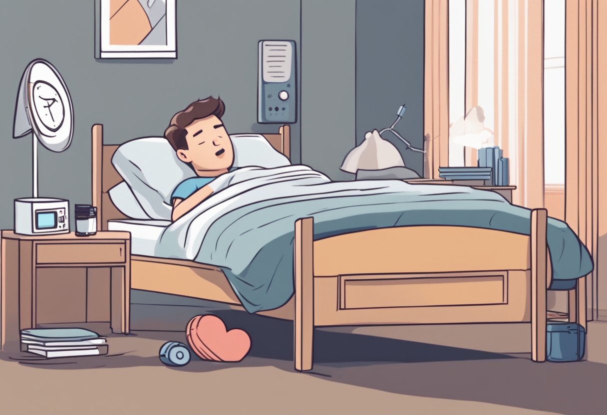 A person lies in bed, snoring loudly. A heart monitor beeps steadily in the background, then suddenly starts to sound an alarm