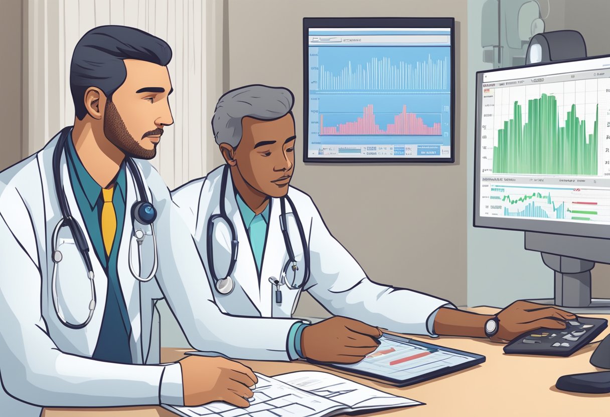 A heart rate monitor beeping rapidly, a doctor reviewing charts, and a patient looking concerned