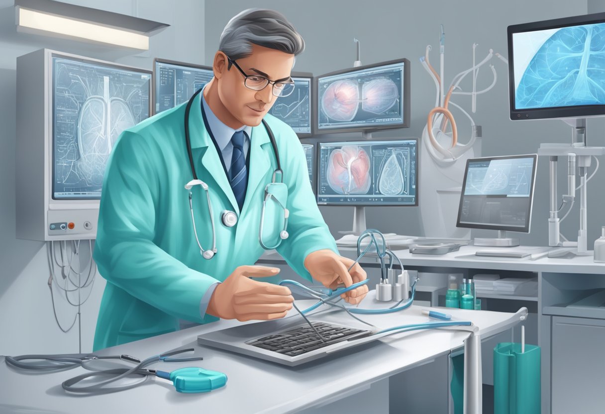 A doctor carefully inserting a stent into a heart artery, surrounded by medical equipment and monitors