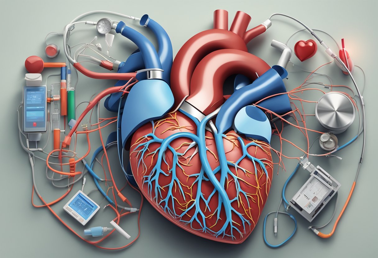 A heart surrounded by medical equipment, with arteries and veins branching out, representing the complexity of heart disease