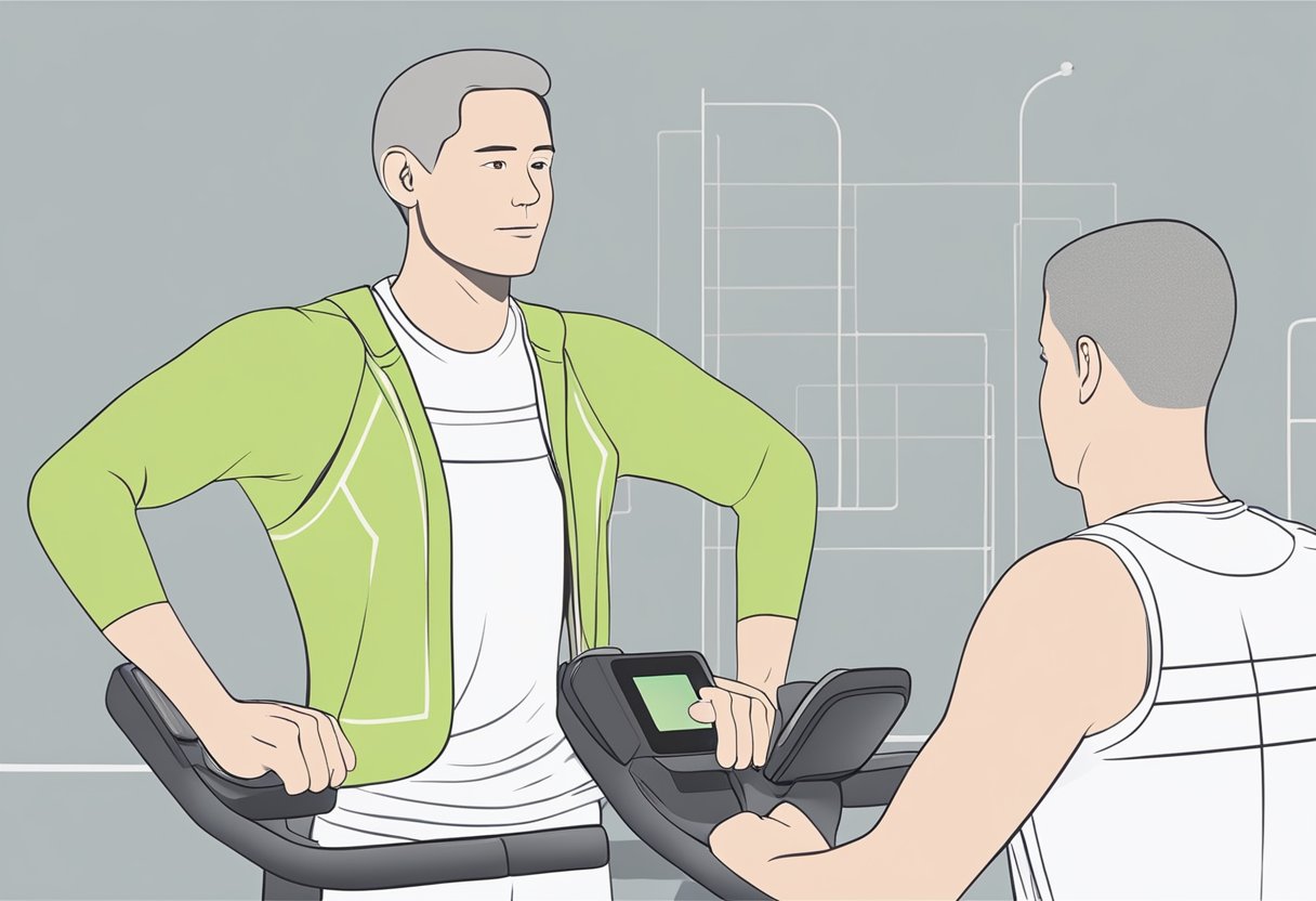 A person wearing a heart rate monitor while engaging in moderate to vigorous physical activity. The monitor displays the person's heart rate in real-time