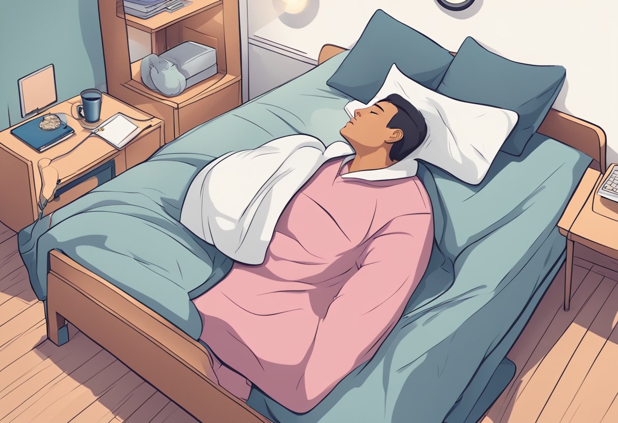 A person sleeping in bed, surrounded by risk factors for a heart attack (unhealthy diet, lack of exercise) with a prominent sound of snoring