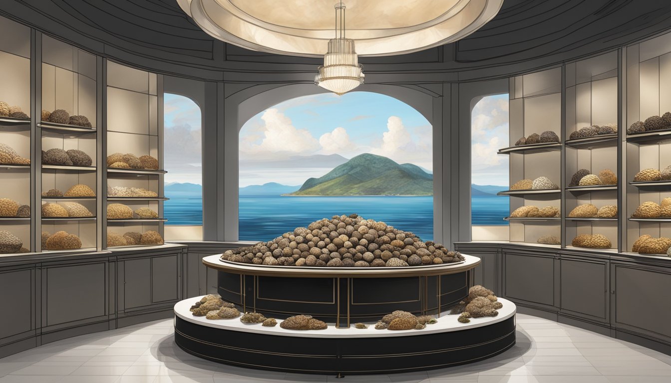 A grand skylight illuminates a regal display of dried abalone and black truffles, inviting admiration and curiosity