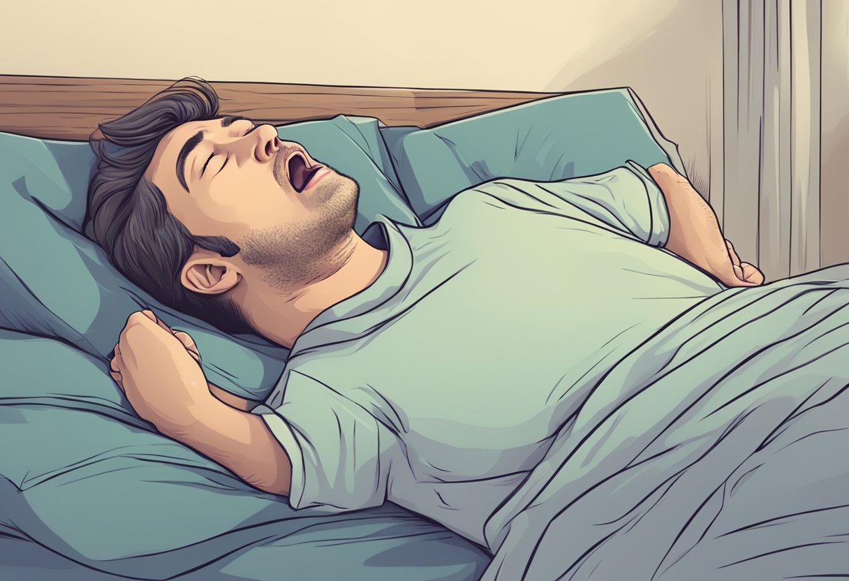 A person lying in bed, snoring loudly, suddenly clutches their chest in pain