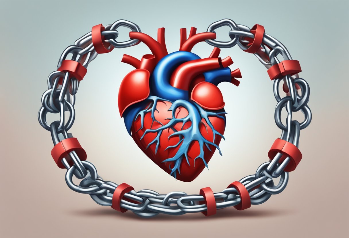 A heart-shaped organ is surrounded by broken chains, representing the impact of heart disease on freedom and health