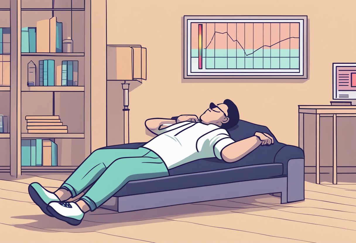 A heart rate monitor shows a low heart rate reading. The person is sitting or lying down, looking calm and relaxed