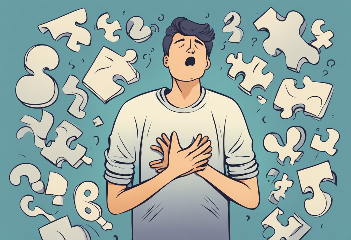 A person clutching their chest in pain, with a puzzled expression, surrounded by question marks and a stomach in the background