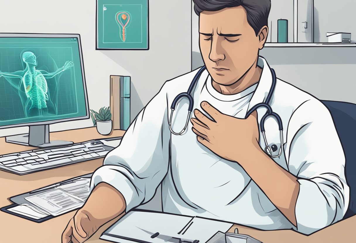 A person clutching their chest in pain, while medical tests show no signs of a heart attack