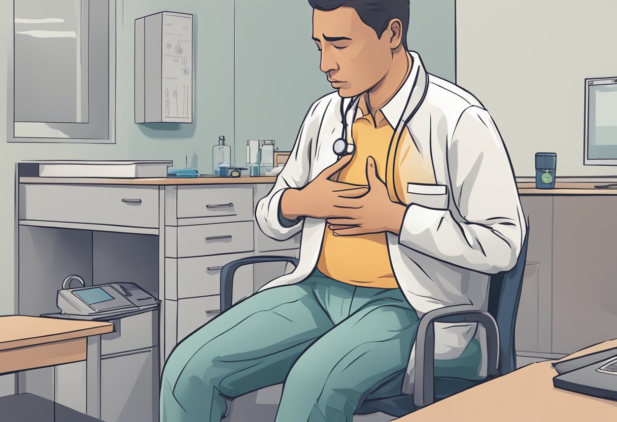 A person clutching their chest in pain, while medical tests show normal results