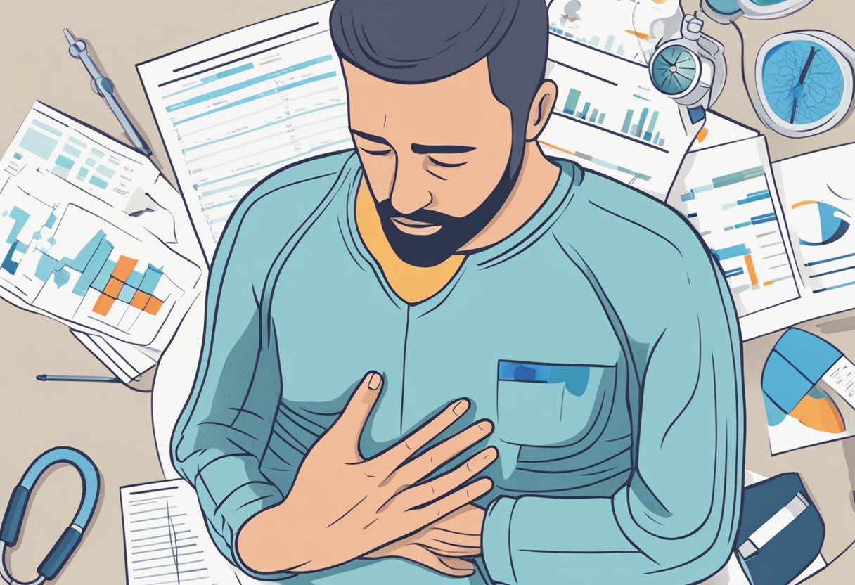 A person clutching their chest in pain, while surrounded by medical test results showing normal readings