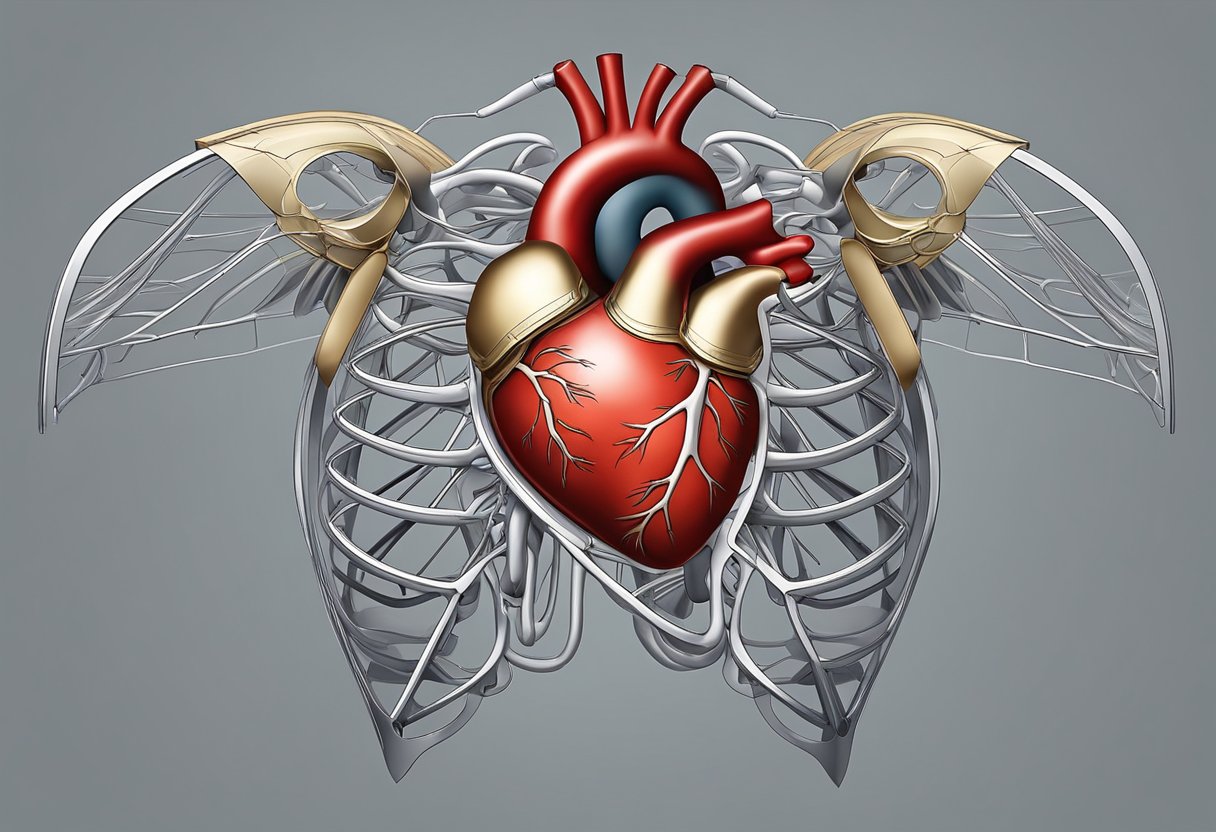 The heart is positioned in the center of the chest, with the apex pointing towards the left hip and the base towards the right shoulder