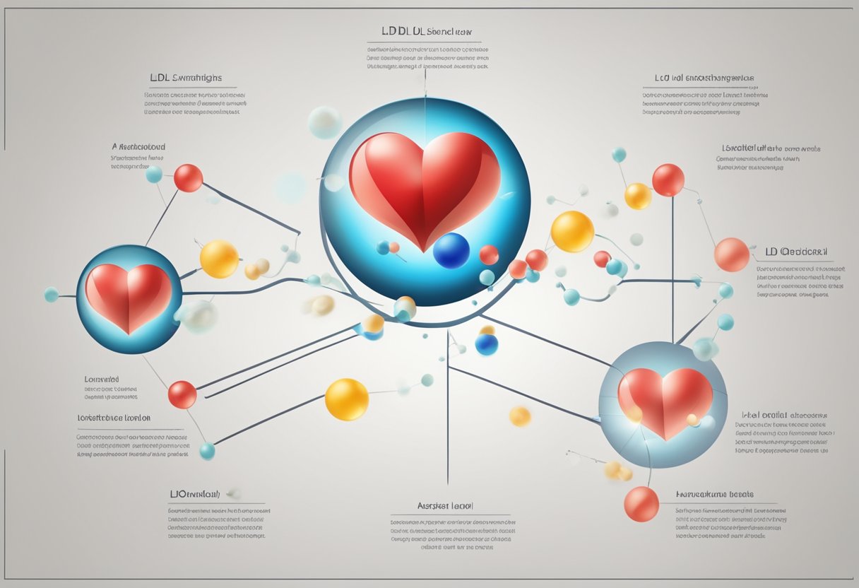 A diagram showing cholesterol molecules and LDL particles, with a heart symbol and recommended LDL level displayed