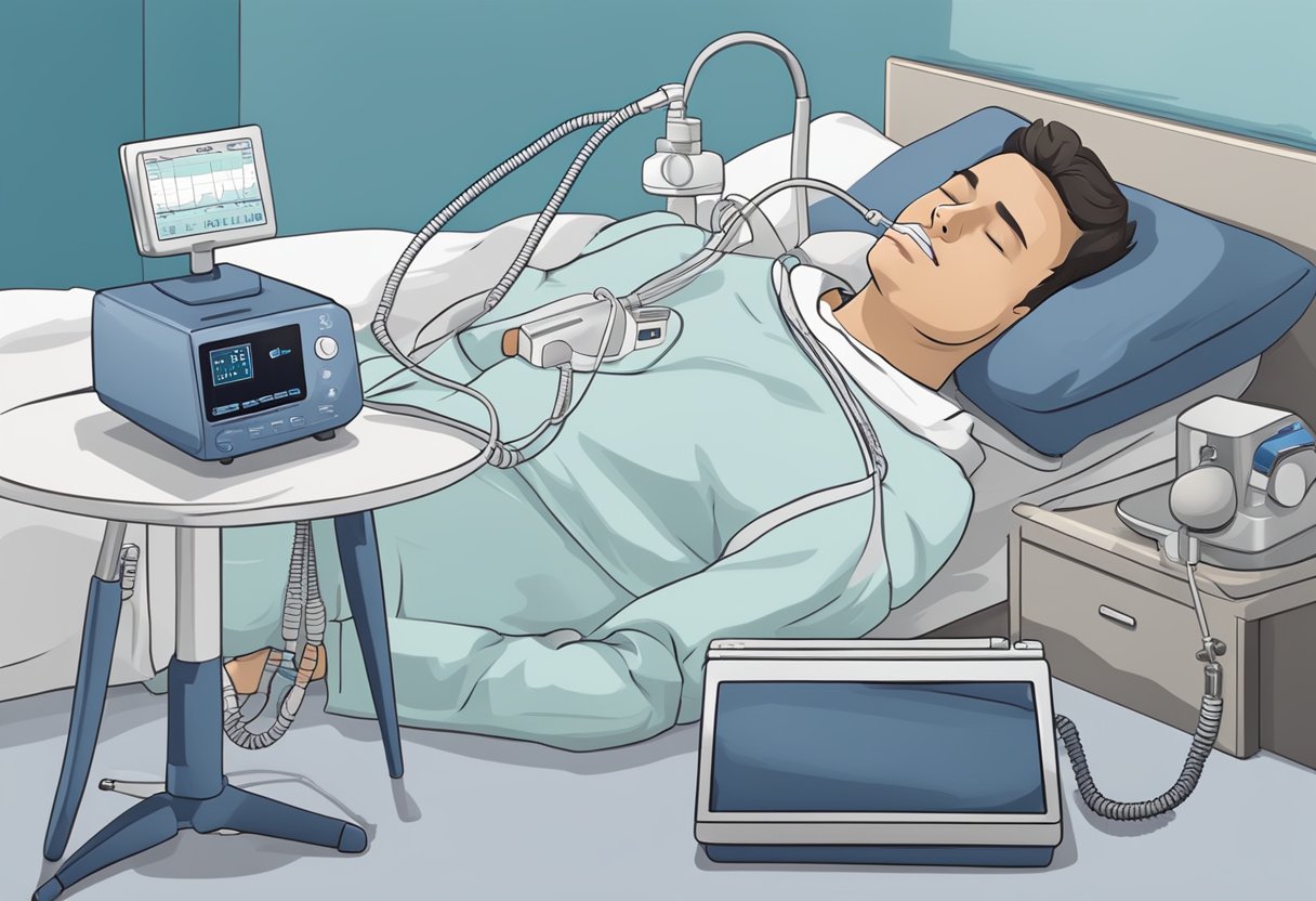 A person sleeping with a CPAP machine, heart monitor, and medical charts nearby