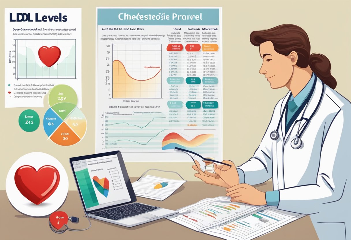 A doctor explaining cholesterol levels with a heart diagram and a chart showing recommended LDL levels for heart disease prevention