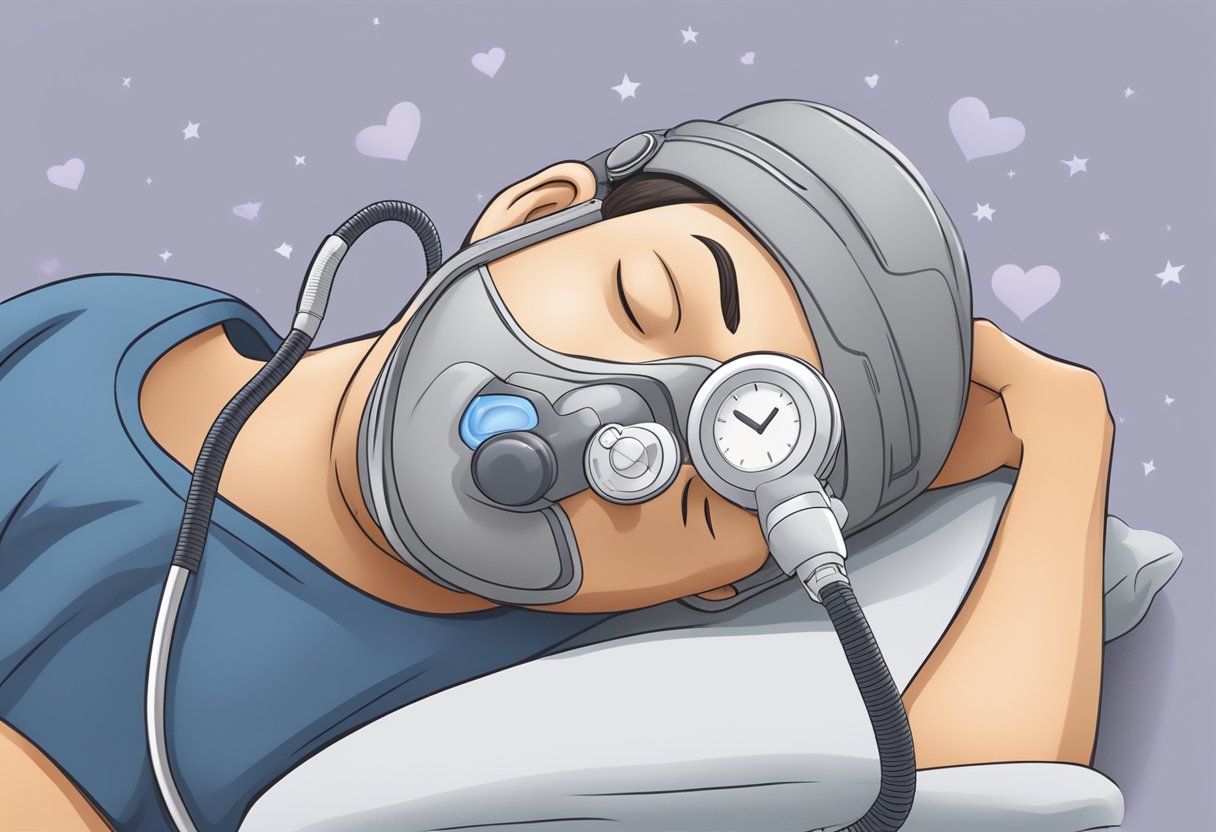 A person sleeping with a CPAP machine, heart symbol in background, representing the connection between sleep apnea and heart disease