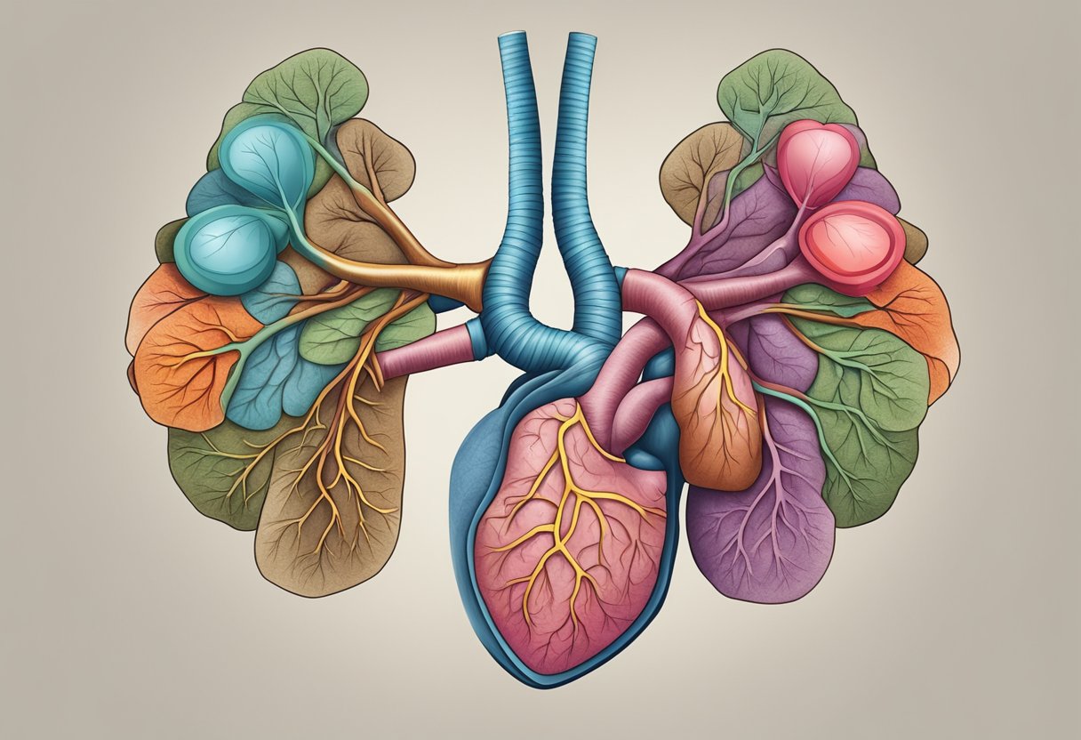 A pair of lungs with fibrosis, surrounded by a heart with signs of congestive failure