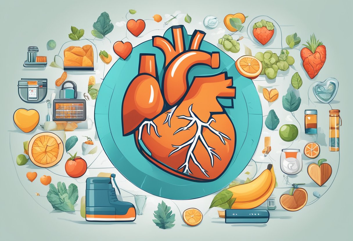 A healthy heart surrounded by healthy lifestyle elements and potential risk factors