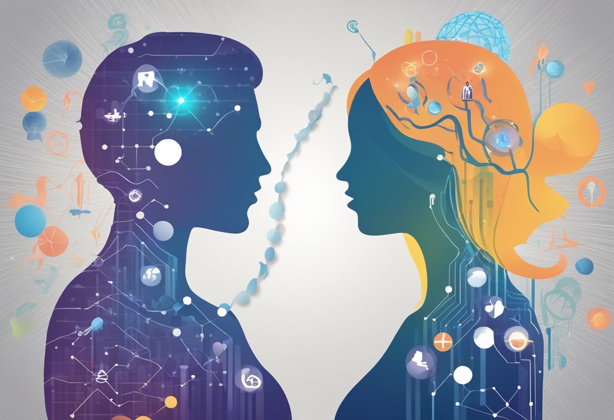 A female and male silhouette, with the female figure showing a faster heartbeat rate, surrounded by symbols representing biological differences