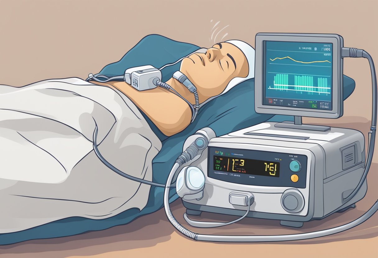 A person sleeping with a CPAP machine next to a heart monitor