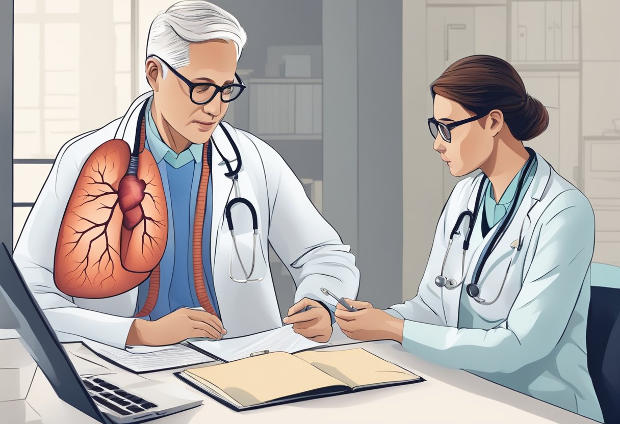 A doctor discussing treatment options with a patient, showing charts and diagrams of the lungs and heart