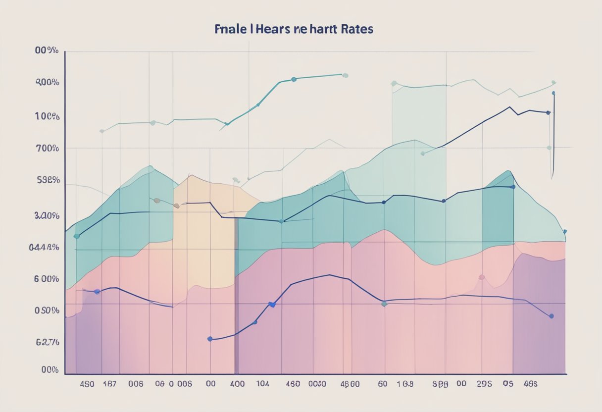 A graph showing female heart rates consistently higher than male rates across various age groups