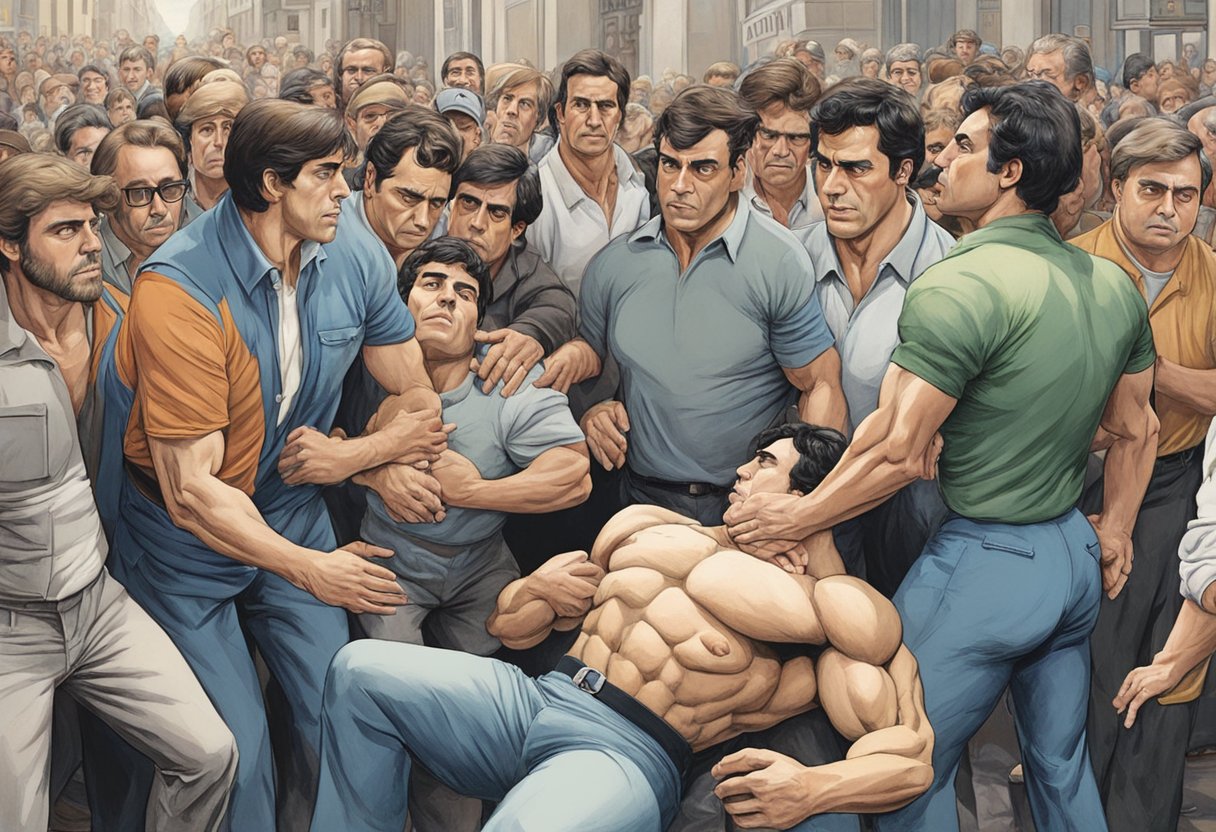 Franco Columbu collapses, clutching his chest in pain. Onlookers rush to his side, calling for help. The scene is tense and urgent