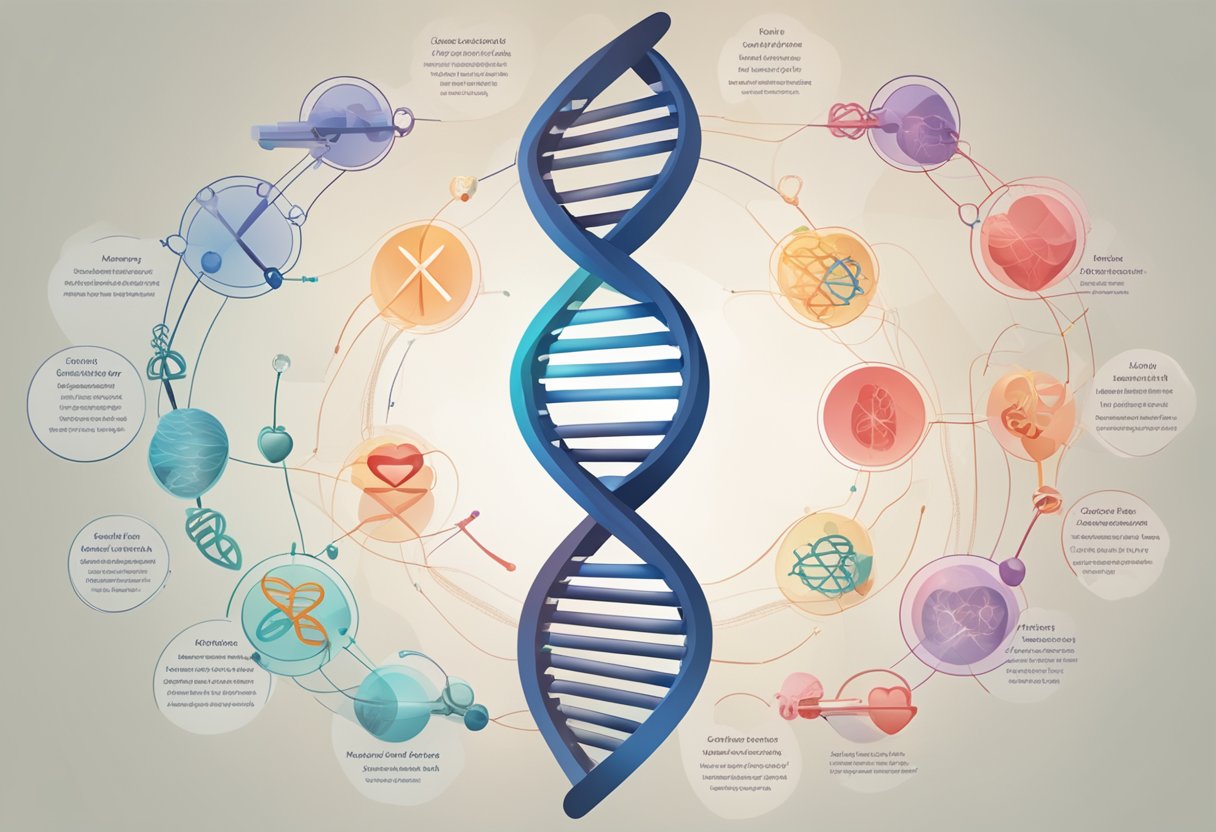 DNA strands intertwine, with genetic markers labeled for heart disease. A heart icon hovers above, symbolizing the genetic underpinnings of heart disease
