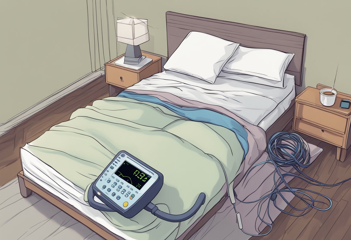 A heart monitor beeping steadily beside an empty bed, with a disheveled pillow and tangled sheets, symbolizing heart failure and disrupted sleep