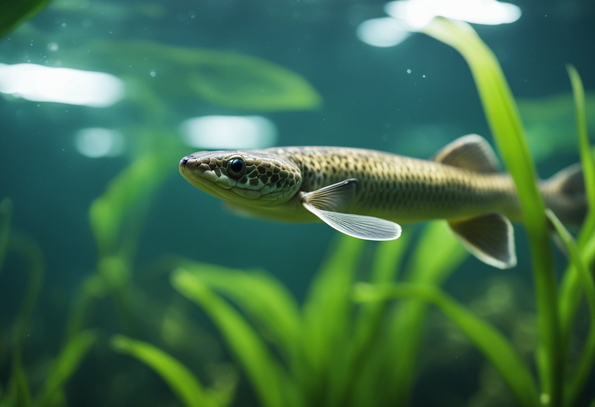 A snake fish swims through murky water, its long, slender body undulating gracefully as it navigates through the aquatic plants