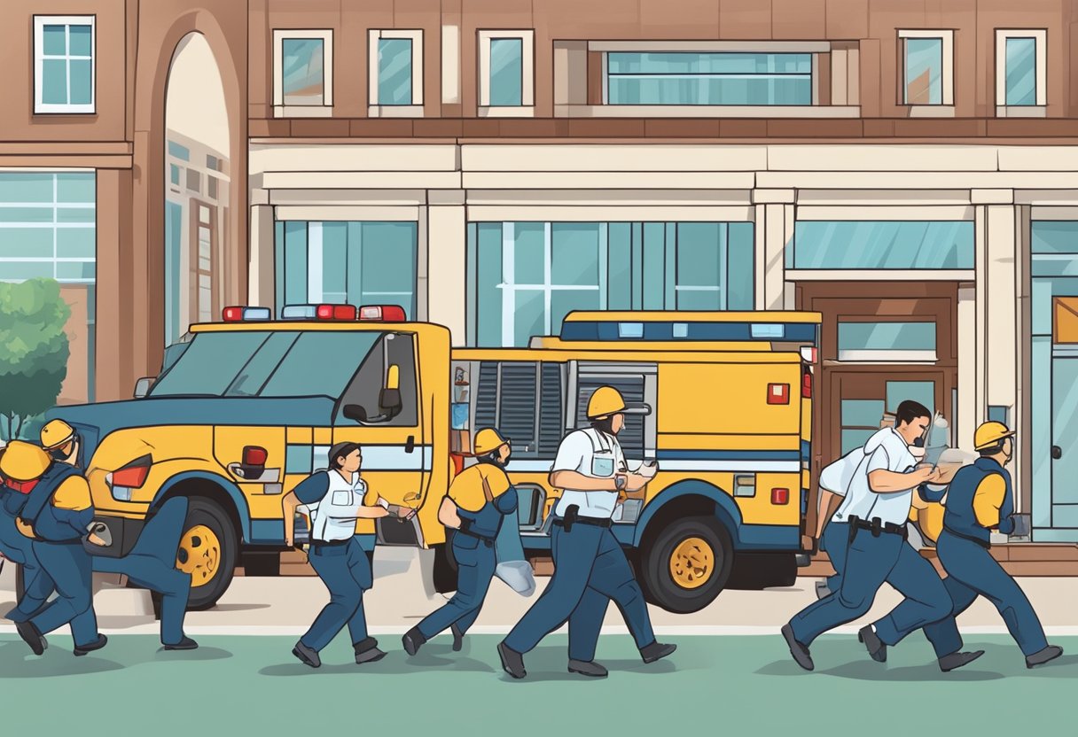 Emergency responders rushing to scene of heart attack. Prevention measures include healthy diet and regular exercise