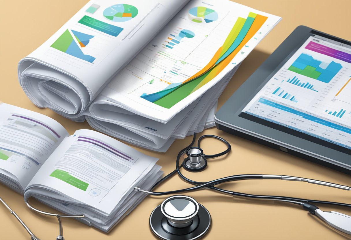 A stack of brochures on a table, a computer screen with FAQs, and a stethoscope lying next to a medical chart