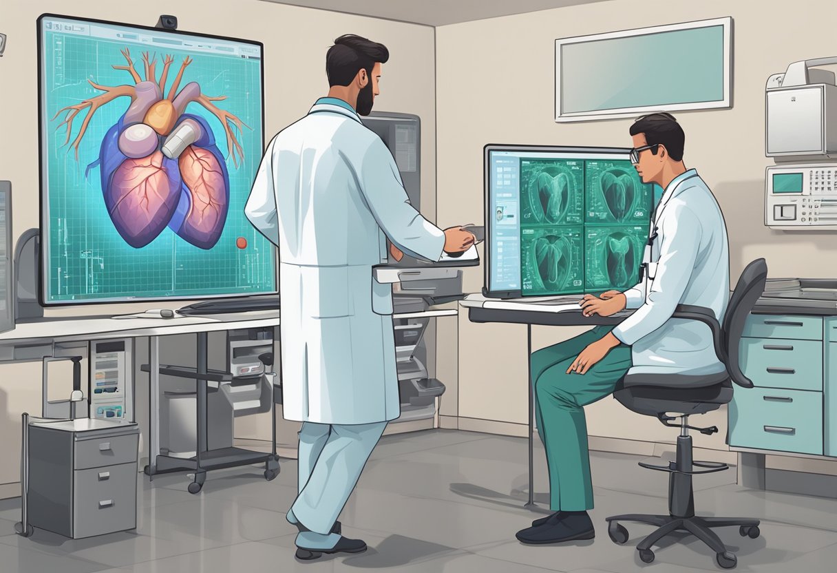A doctor examines a heart scan, while another reviews treatment options. Medical equipment surrounds them
