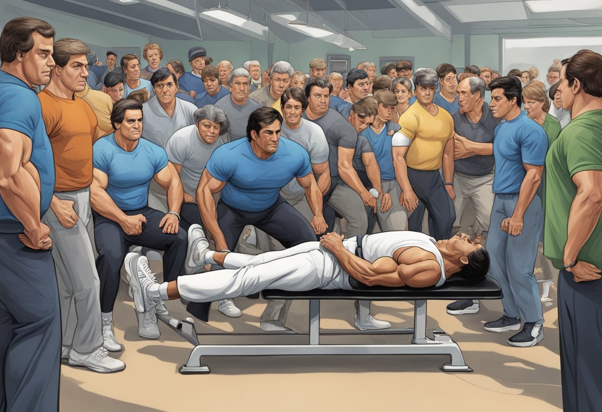 Franco Columbu collapses from a heart attack during a workout at the gym. Medical personnel rush to his aid as concerned onlookers gather around