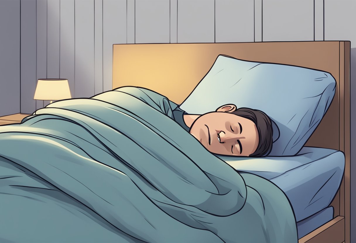 A person lying in bed, tossing and turning, with a worried expression on their face as they struggle to find a comfortable position to sleep due to heart failure