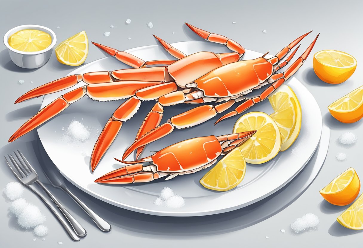 Snow crab legs arranged on a white plate with lemon wedges and a side of melted butter. The crab legs are steamed and have a red-orange hue