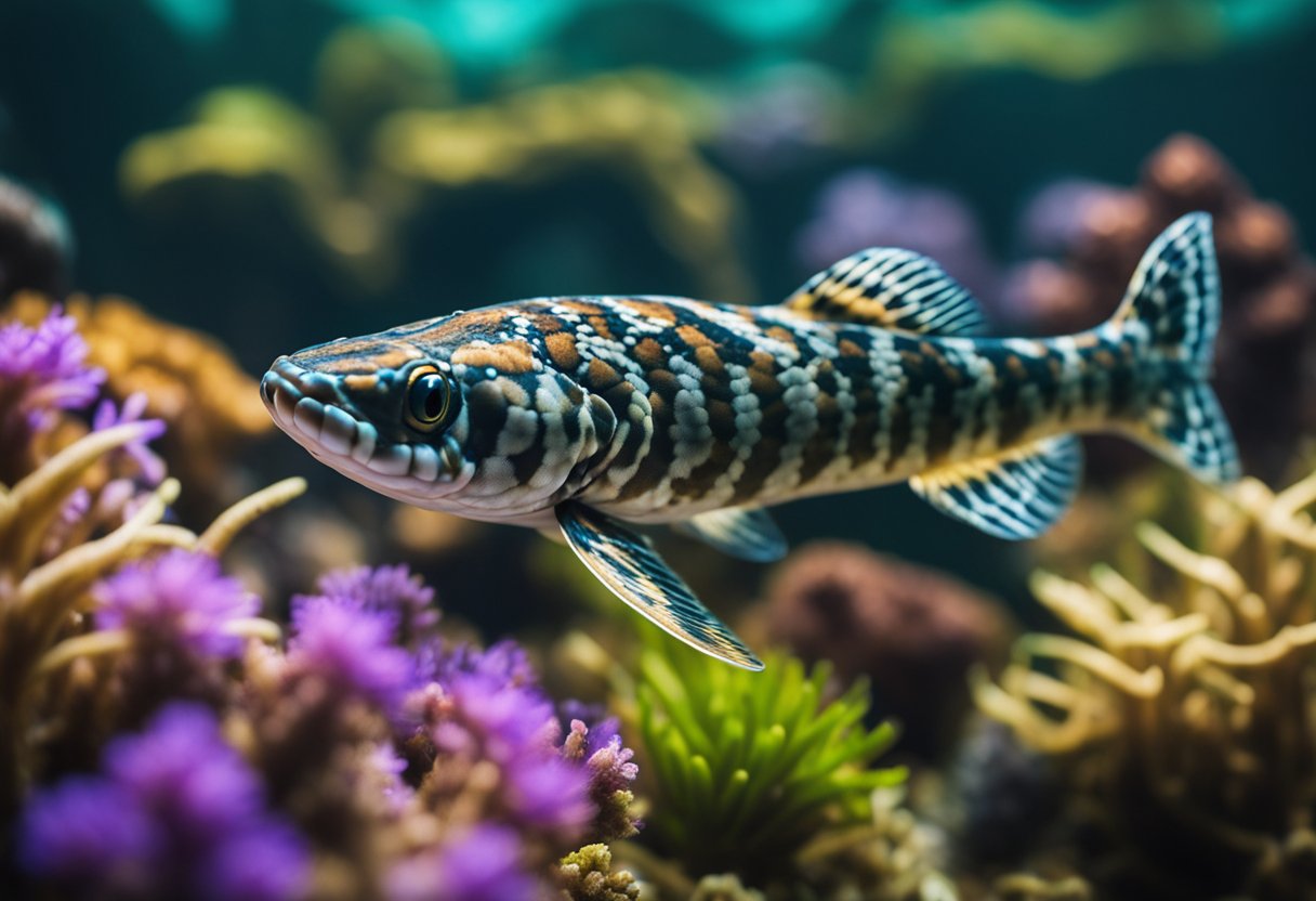 A snake fish swims through a vibrant underwater ecosystem, surrounded by diverse aquatic flora and fauna. Its presence has a noticeable impact on the balance of the ecosystem