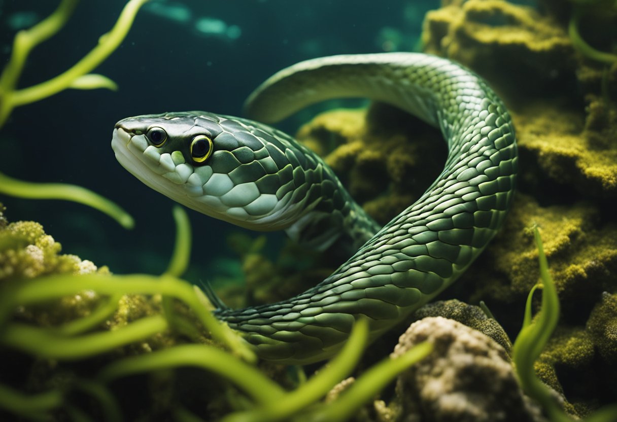 A snake-like fish swimming through a maze of tangled seaweed and rocks in a murky underwater environment
