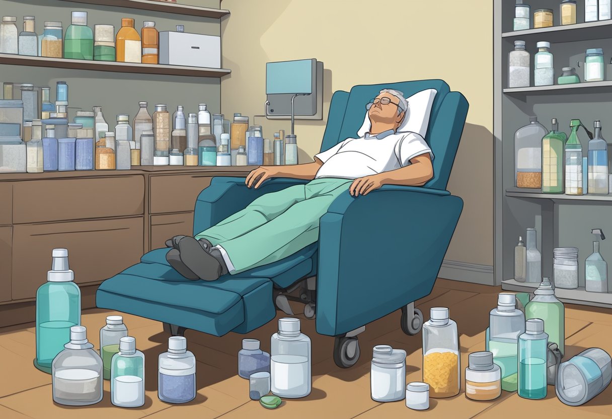 A patient with heart failure sleeps upright in a recliner, surrounded by medication bottles and a CPAP machine
