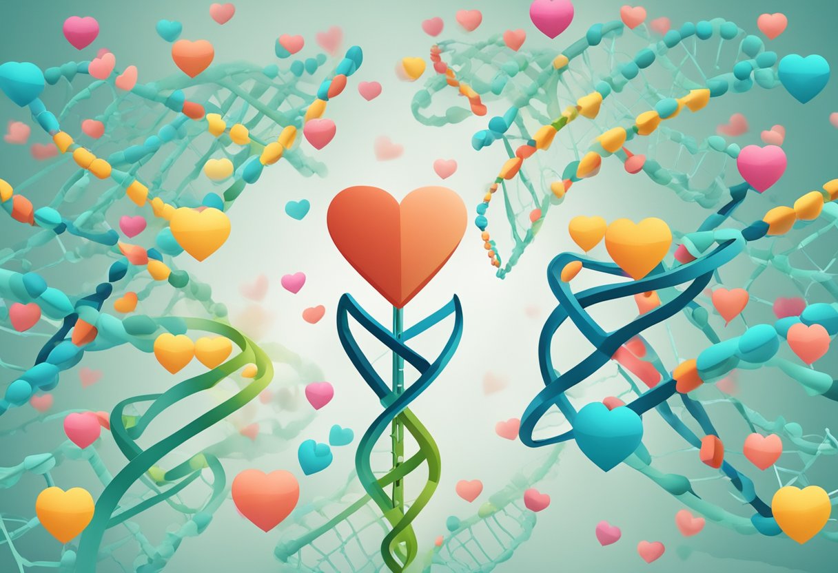 DNA helix with heart shape overlay, surrounded by question marks