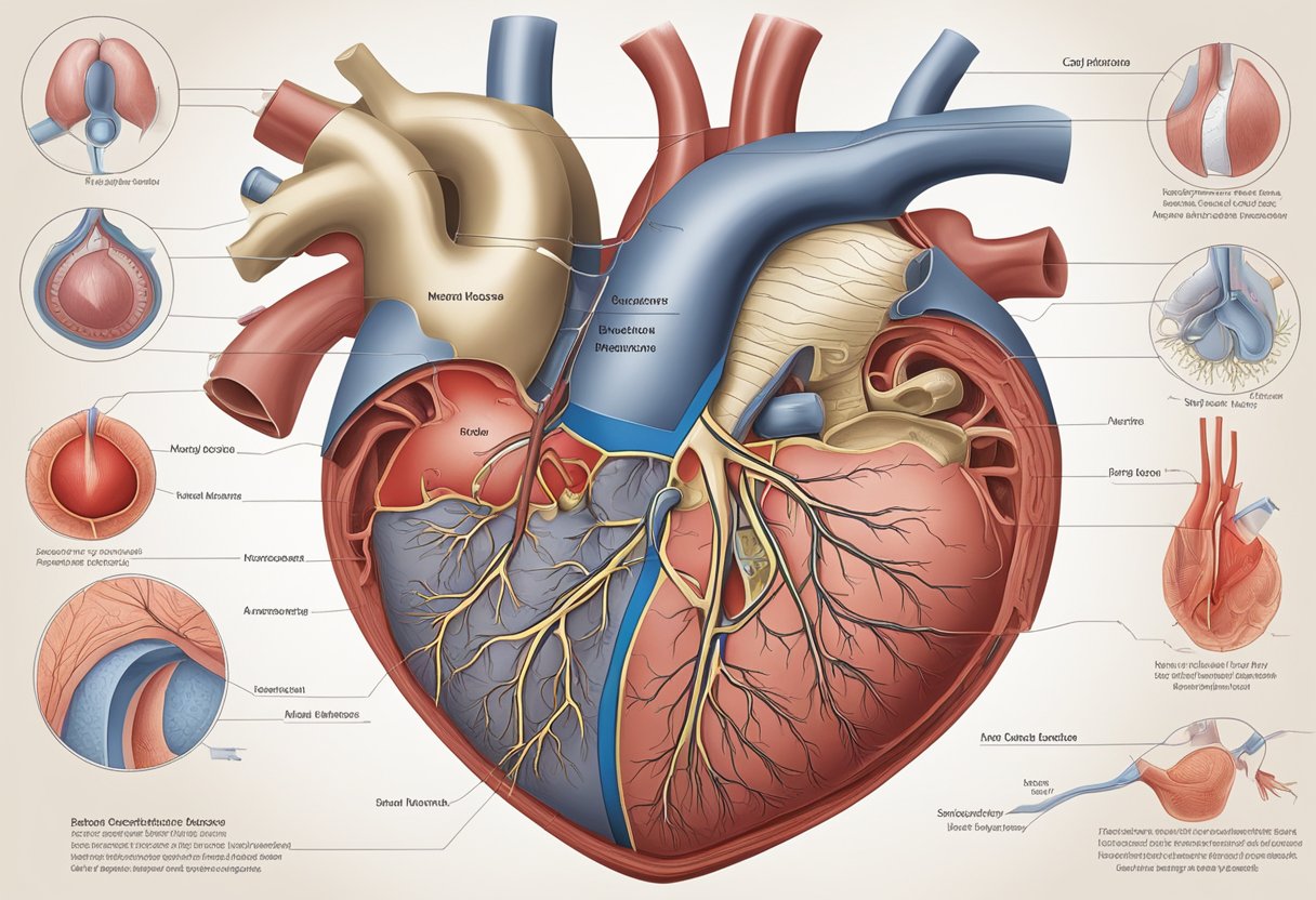 A detailed illustration of the heart, showing its chambers, valves, and major blood vessels