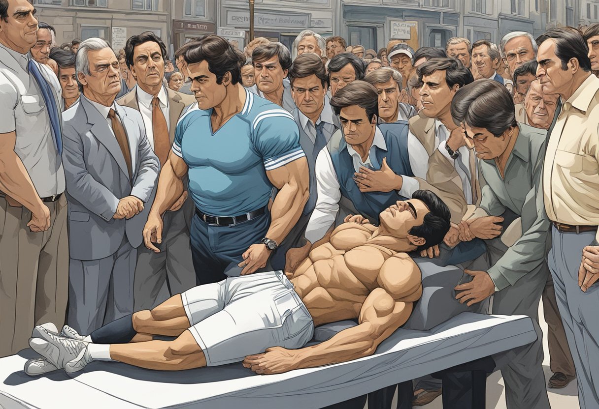 Franco Columbu collapses, clutching his chest in pain, surrounded by concerned onlookers
