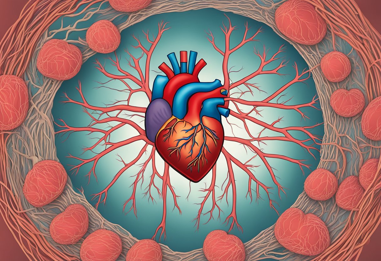 A heart surrounded by clogged arteries, representing heart disease