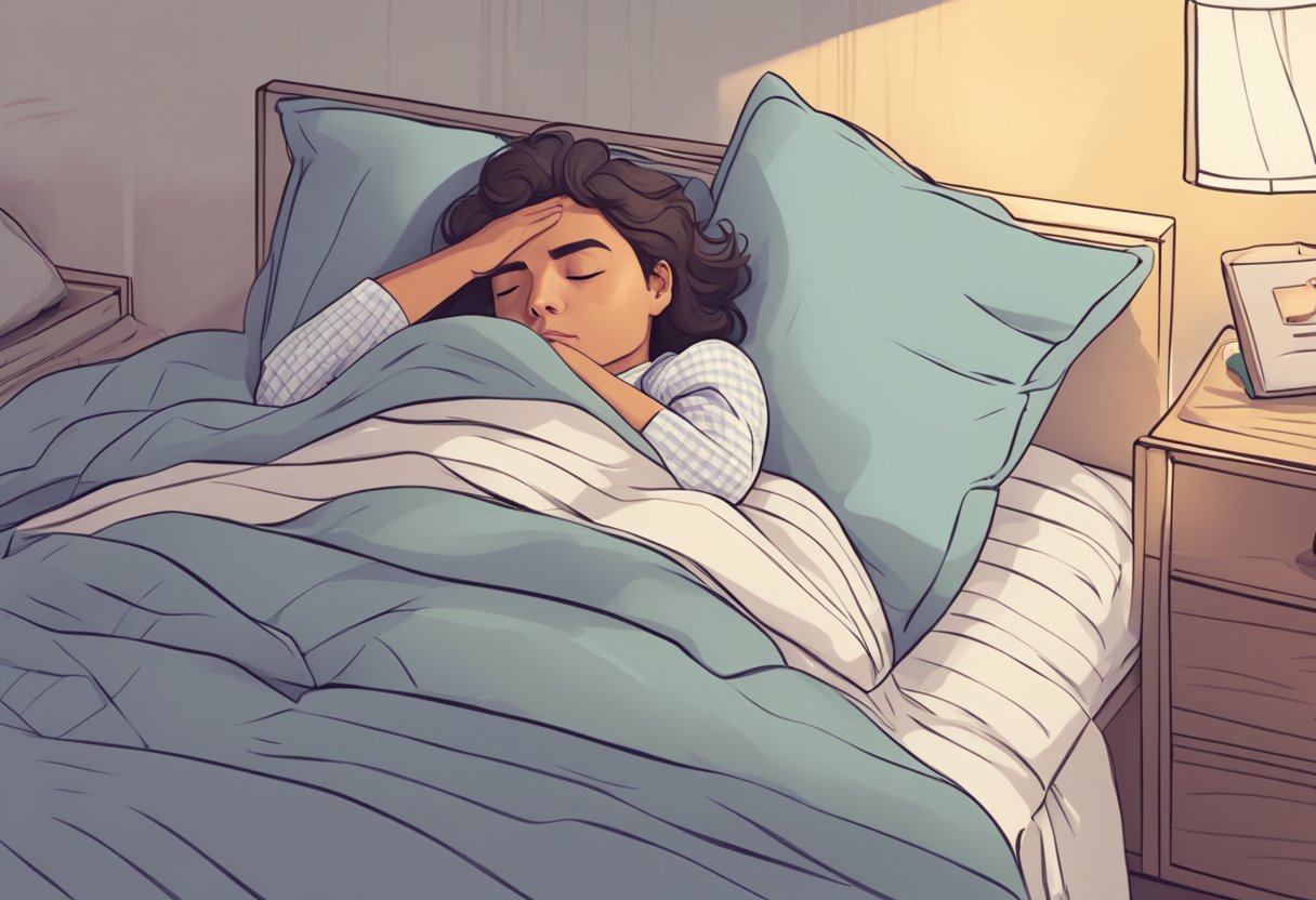 A person lying in bed, surrounded by pillows, with a worried expression, tossing and turning, unable to find a comfortable sleeping position due to heart failure