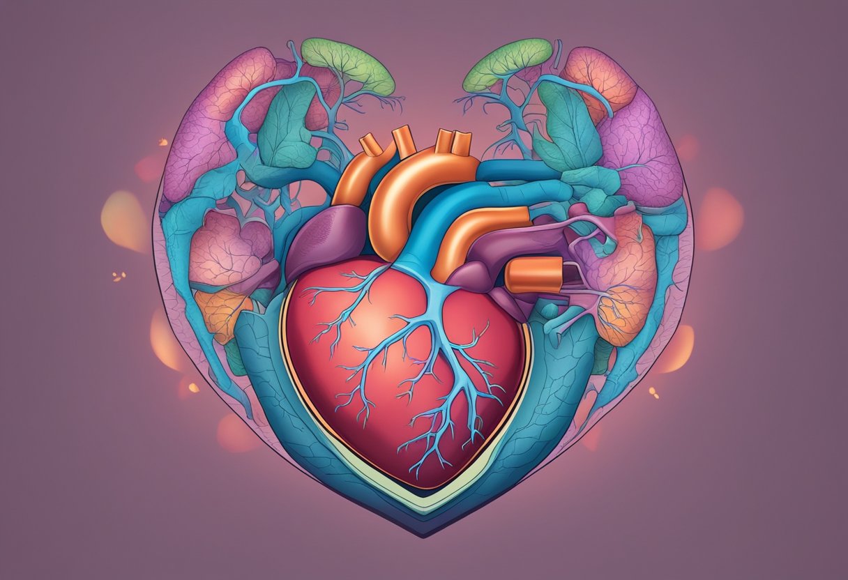 A heart with rapid, irregular beats, surrounded by a thyroid gland emitting excessive hormones