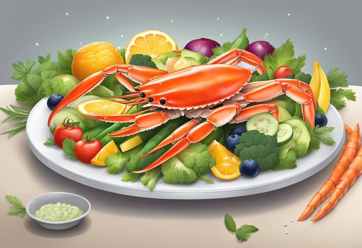 A plate of snow crab legs surrounded by colorful vegetables and fruits, showcasing their high nutritional value and potential health benefits