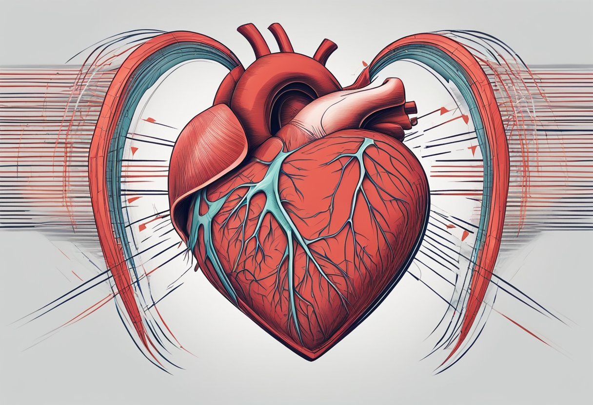 A red, pulsating heart surrounded by sharp, stabbing lines. A bulging, tense muscle with throbbing, aching lines