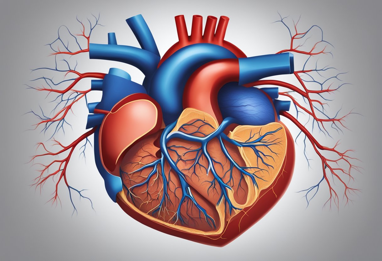 A heart surrounded by arteries, veins, and capillaries, showing signs of blockage and inflammation