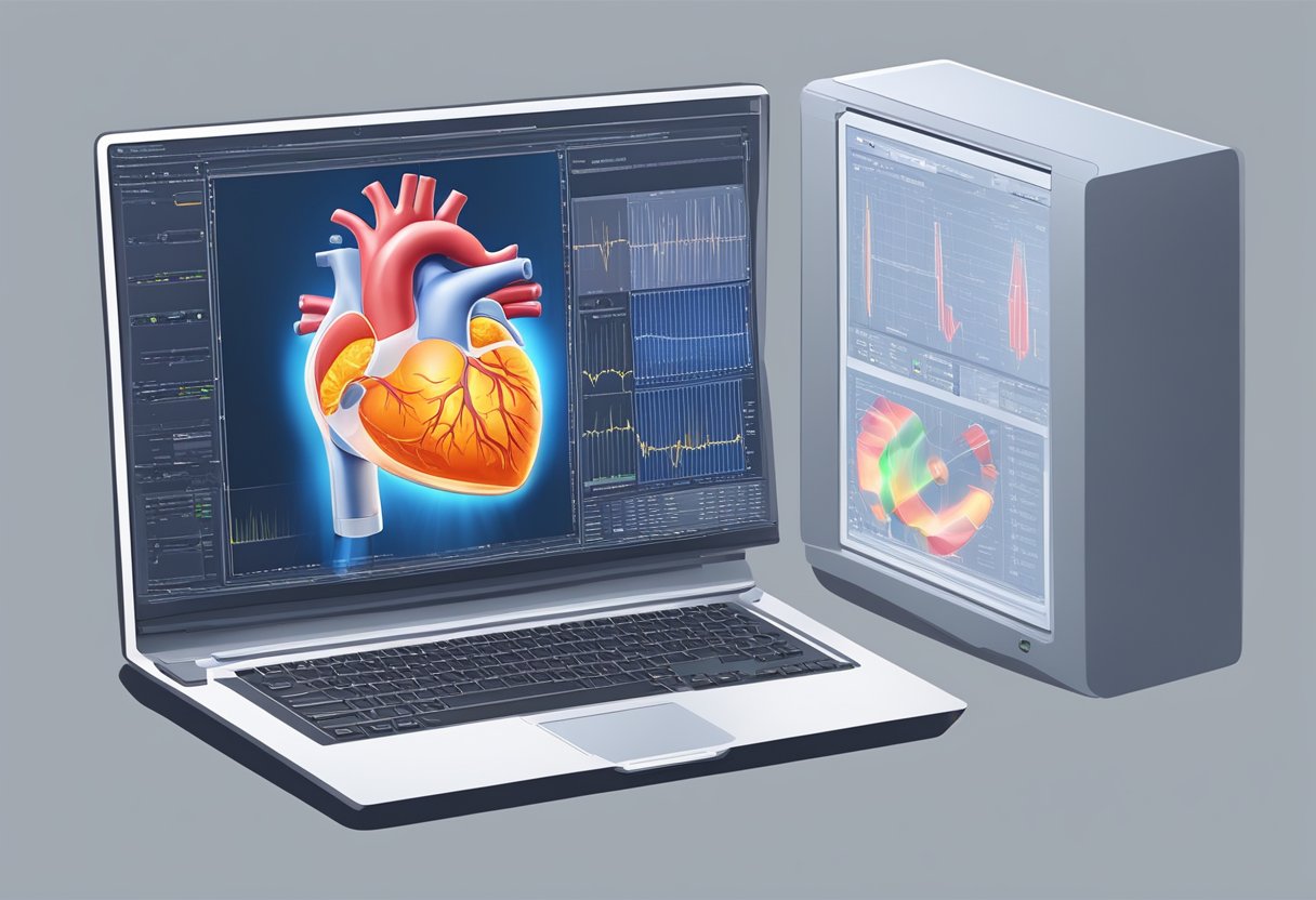 A heart scan machine emits light onto a beating heart model, displaying detailed images on a computer screen